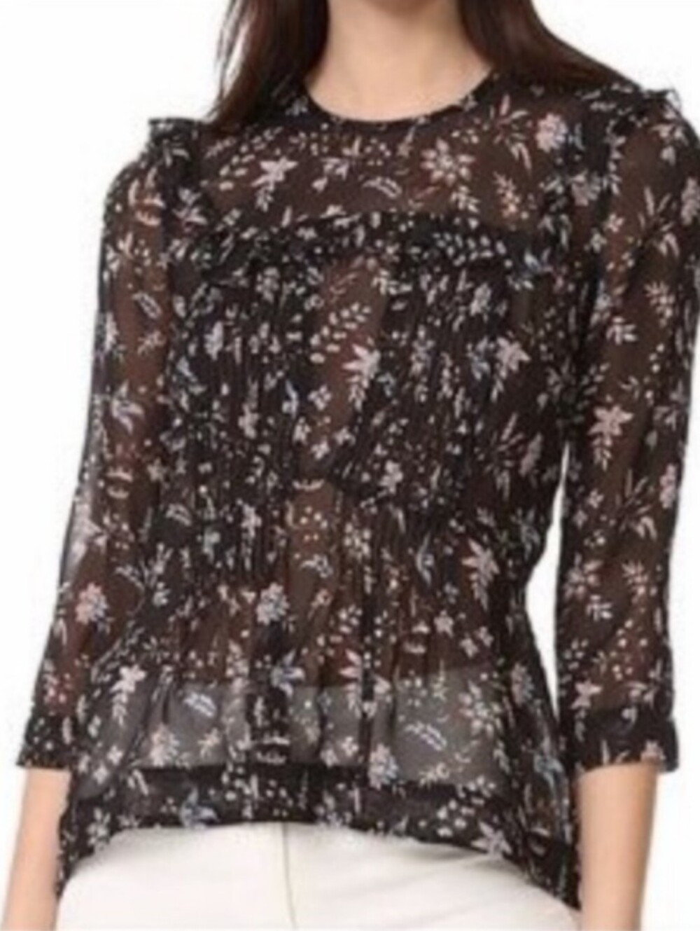 Veronica Beard Thompson Blouse Black Silk‎ Floral Ruffle Peplum